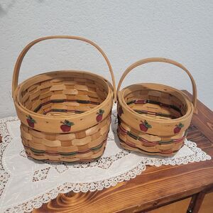 Vintage Hand Painted Nesting Baskets Set of 2 Apple Motif Woven Wood Grannycore